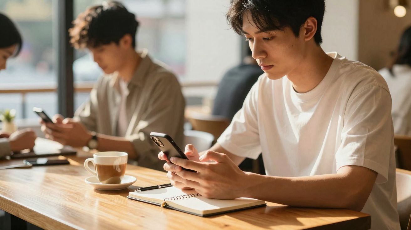 Jovem sentado numa mesa de café a usar telemóvel com caderno aberto à sua frente e chá servido.