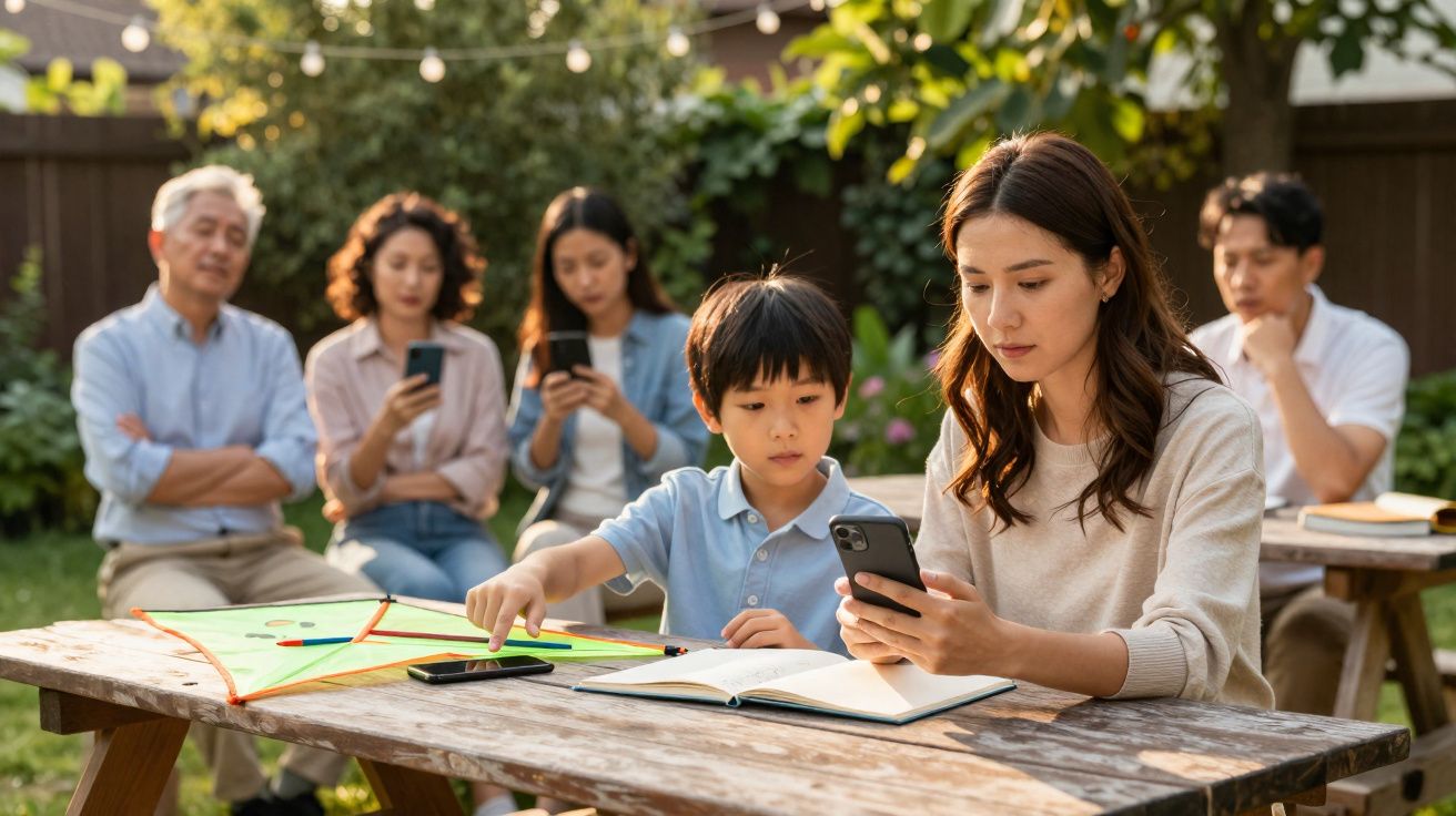 Família asiática no jardim com adultos no telemóvel e criança a aprender com mãe numa mesa de madeira.