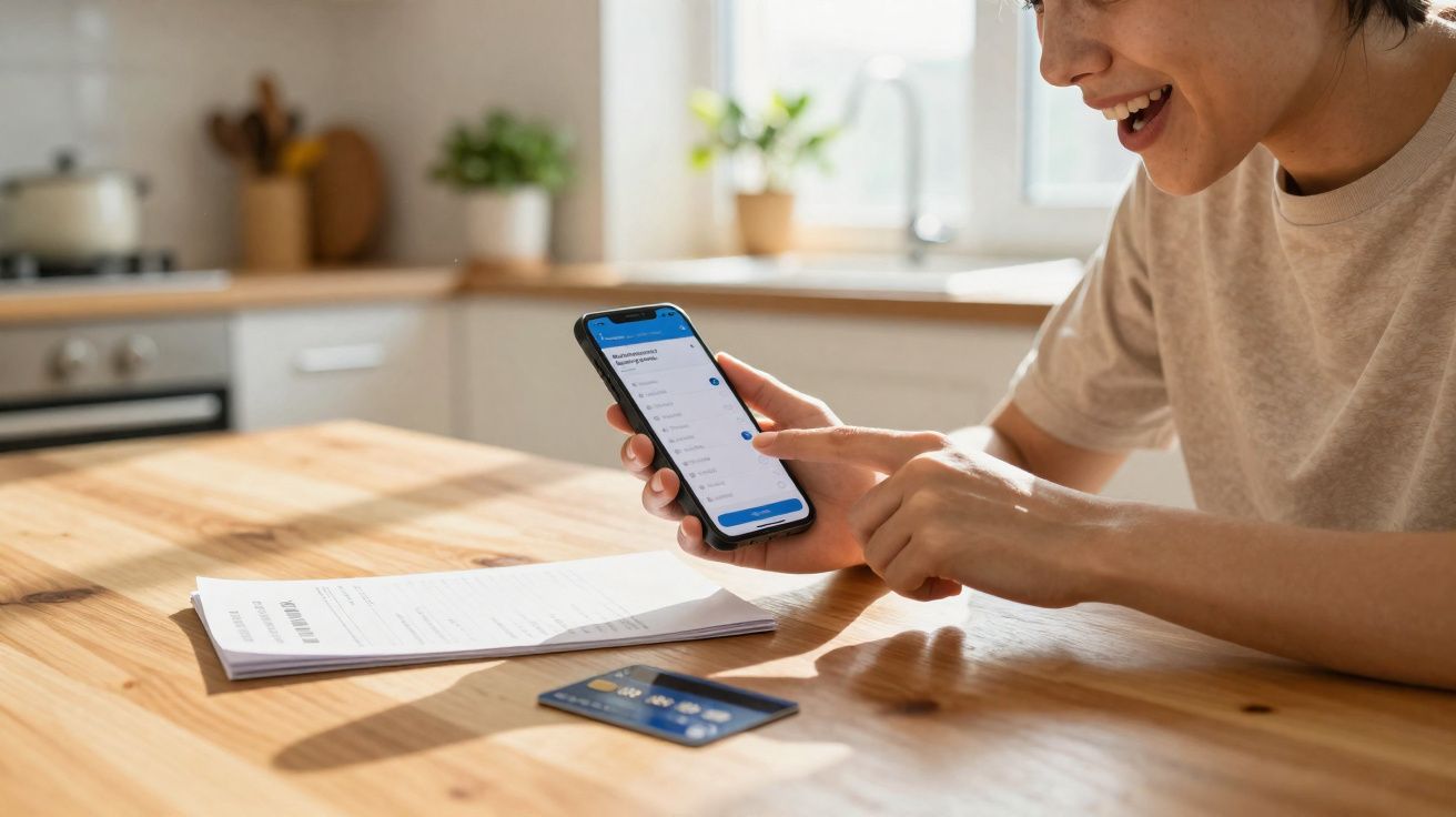 Pessoa a usar telemóvel para fazer pagamento online numa mesa de madeira com cartão de crédito e talões.