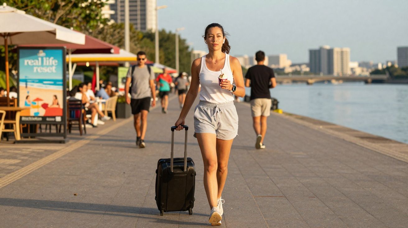 Mulher jovem com mochila e gelado caminha numa avenida junto ao rio numa tarde ensolarada.