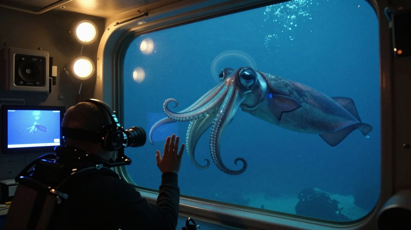 Homem em submersível observa de perto uma lula gigante através de janela subaquática.