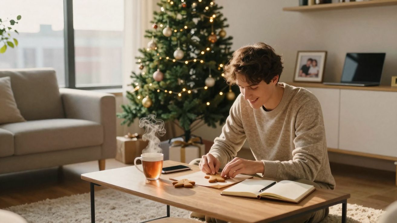 Jovem sentado a decorar bolachas junto à mesa com chá quente e árvore de Natal ao fundo.