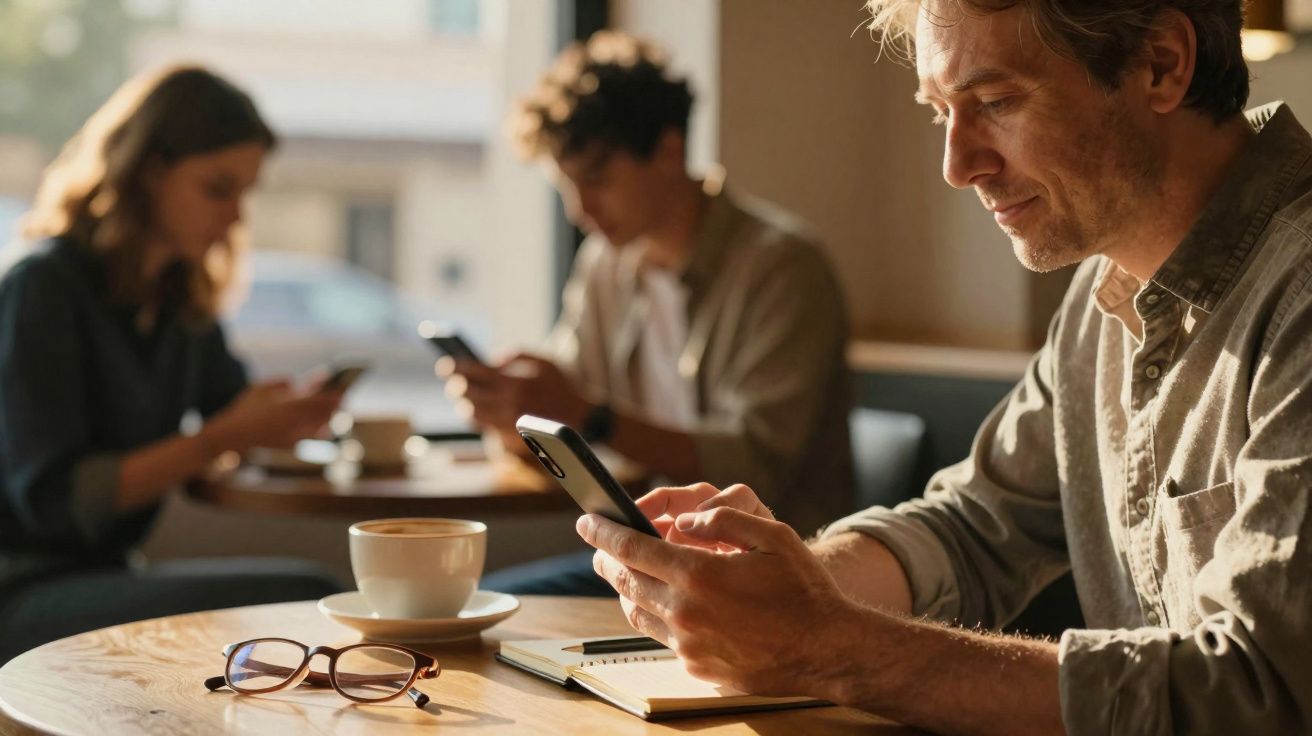 Homem a usar telemóvel num café com duas pessoas ao fundo também concentradas nos seus dispositivos móveis.