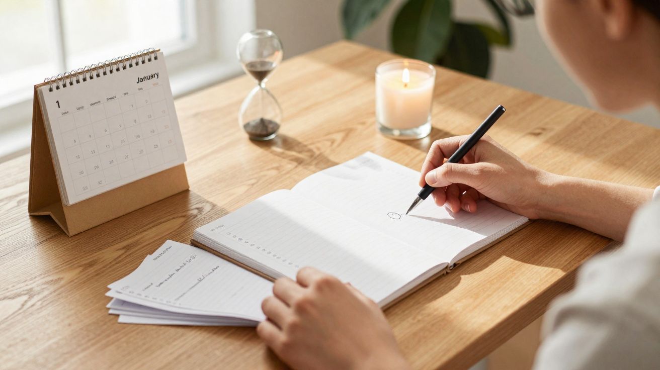 Pessoa a escrever numa agenda junto a calendário, ampulheta e vela acesa numa mesa de madeira.