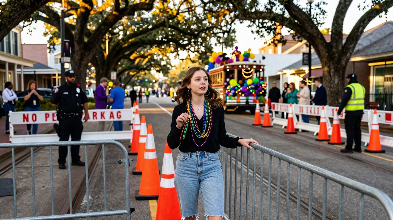Mulher com colares coloridos encostada em grade metálica numa rua decorada para desfile com polícia e público.