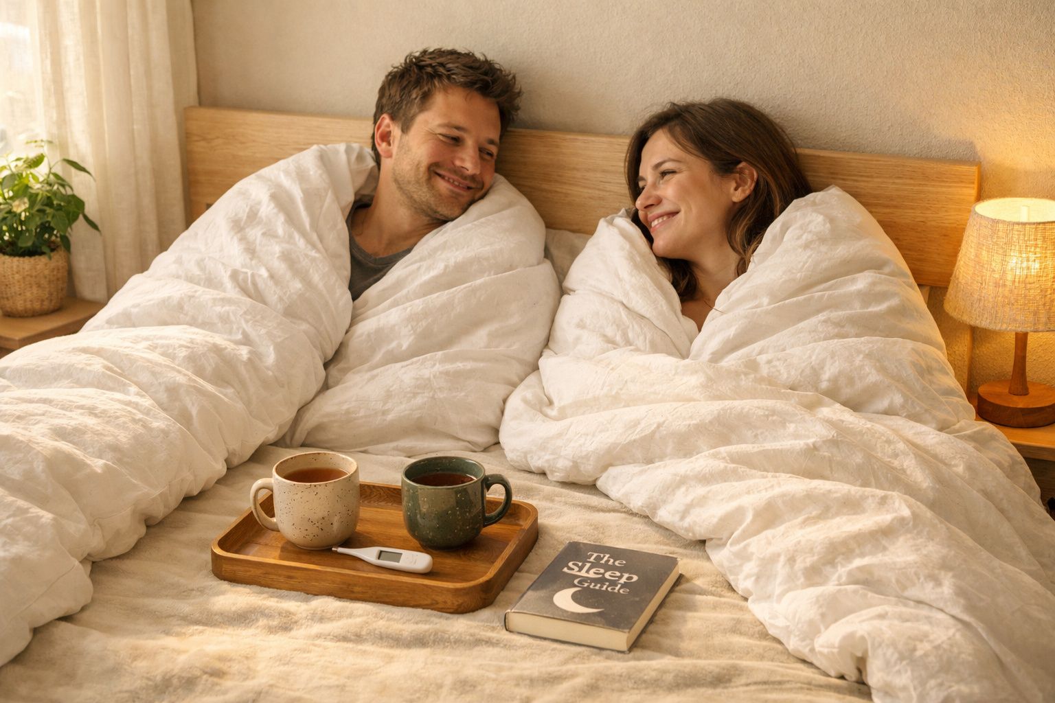 Casal sorridente aconchegado na cama com mantas brancas, chá e um livro sobre sono numa bandeja.