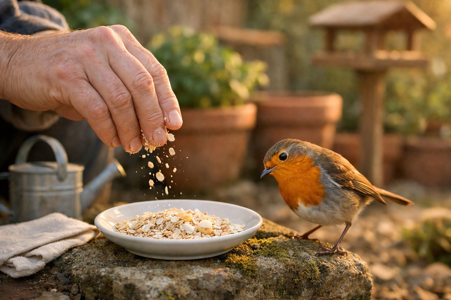 Mão a alimentar com ave de peito laranja ao lado de prato com comida, cenário exterior desfocado com vasos de plantas.