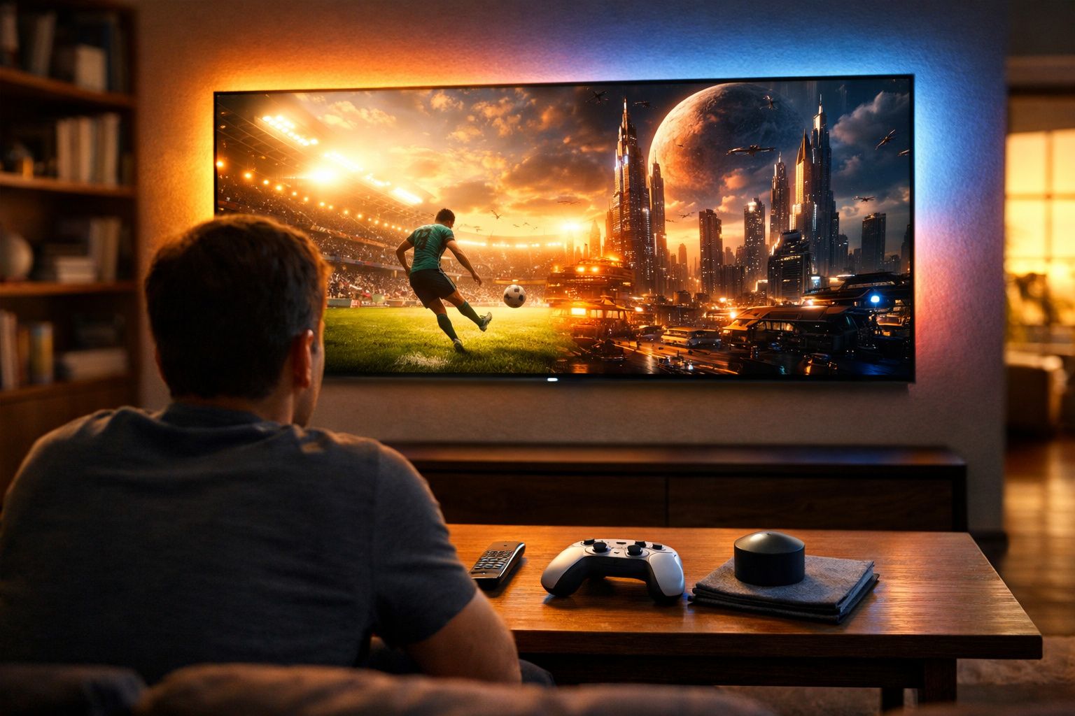 Homem sentado a ver jogo de futebol com cenário futurista numa televisão de ecrã plano na sala.