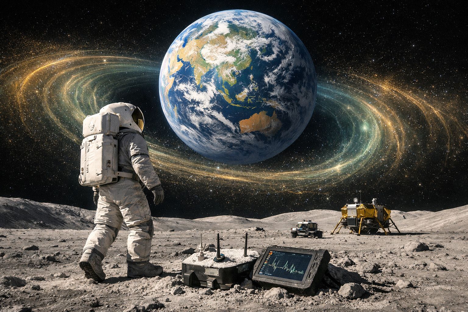 Astronauta na superfície lunar com Terra e anéis brilhantes ao fundo, junto a equipamentos científicos.
