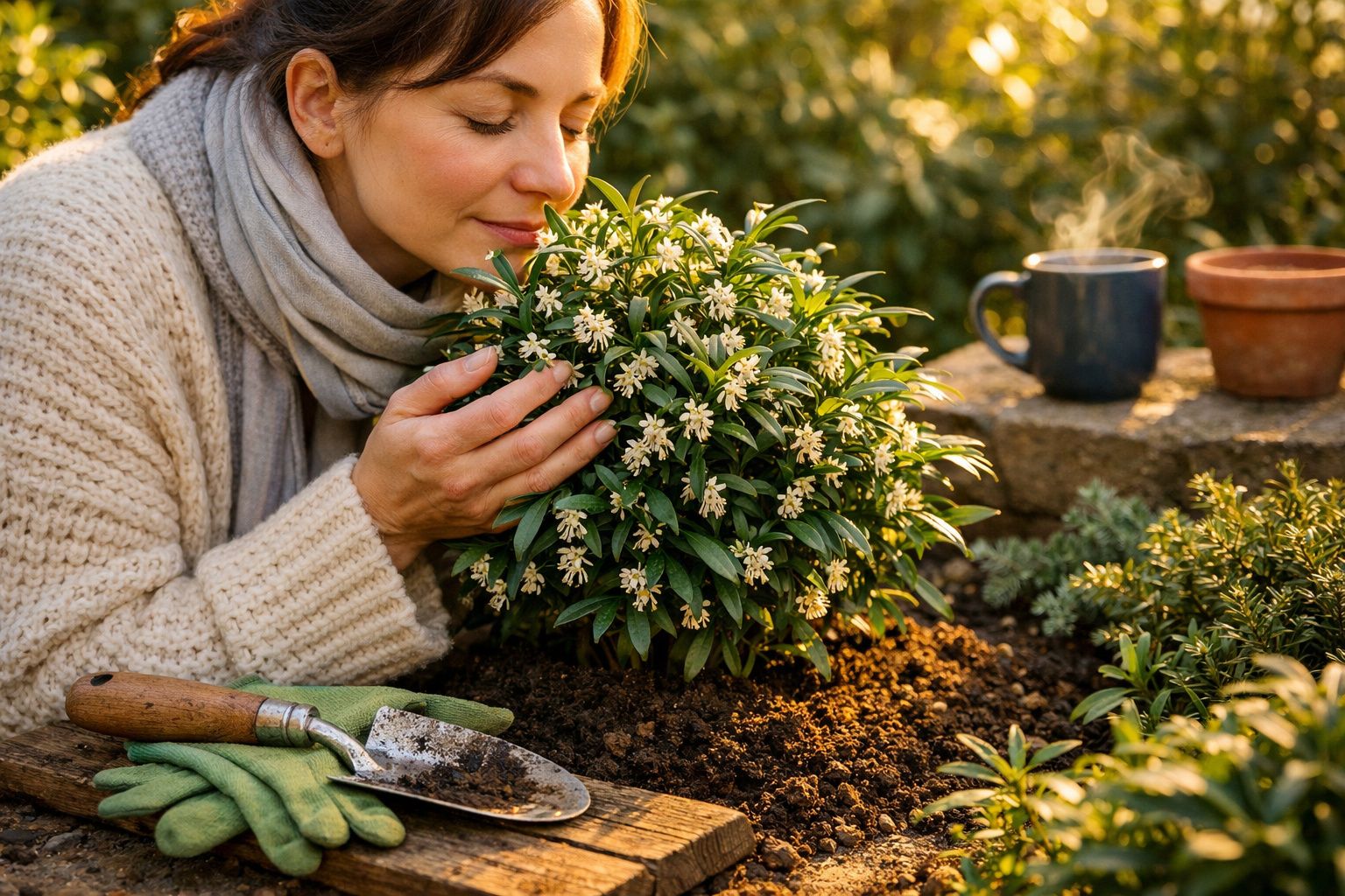 Mulher a cheirar flores brancas num jardim ensolarado com luvas e ferramentas de jardinagem.