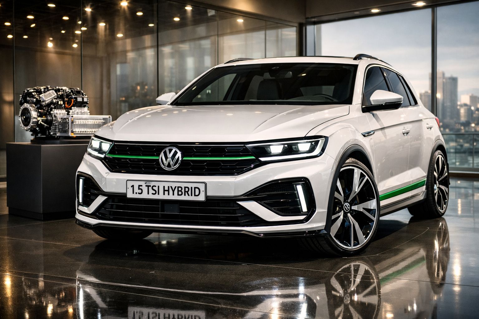 Carro Volkswagen branco 1.5 TSI Hybrid numa exposição moderna com motor em destaque ao lado.