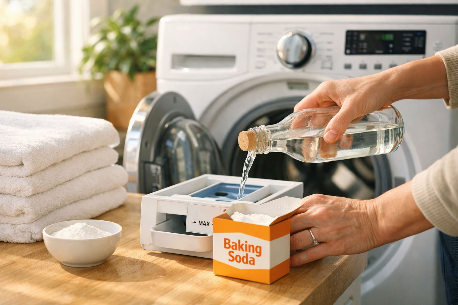 Pessoa a verter líquido num dispensador de detergente, ao lado de bicarbonato e toalhas brancas dobradas.