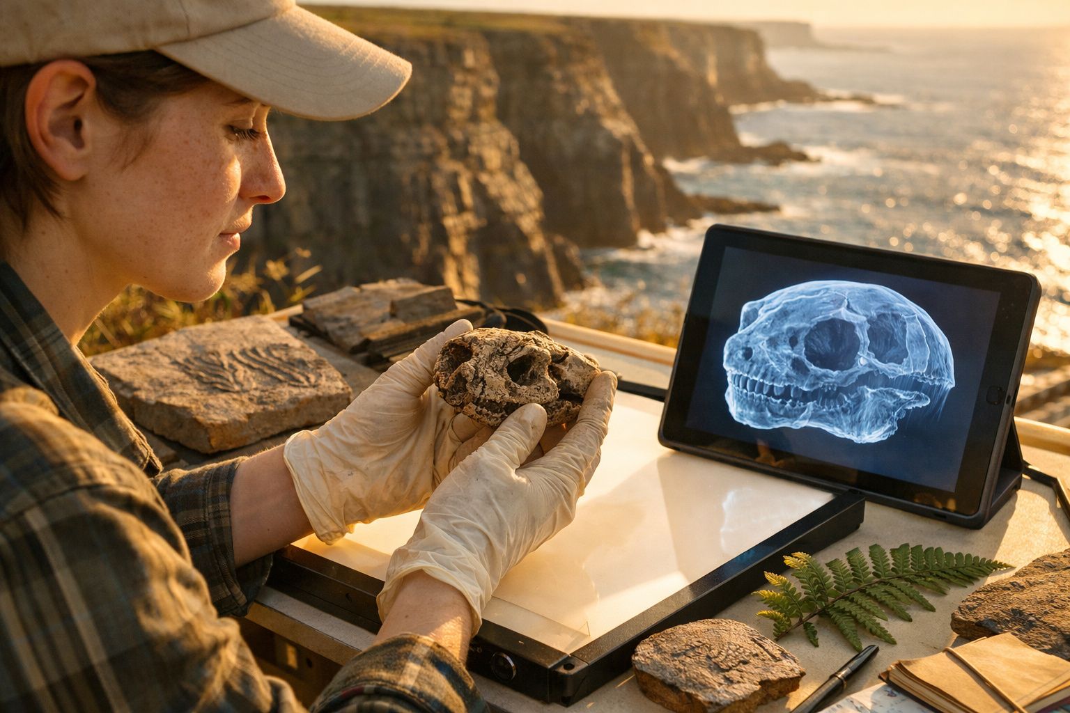 Arqueóloga com luvas a examinar crânio fóssil junto a tablet com imagem em raio-x na natureza.