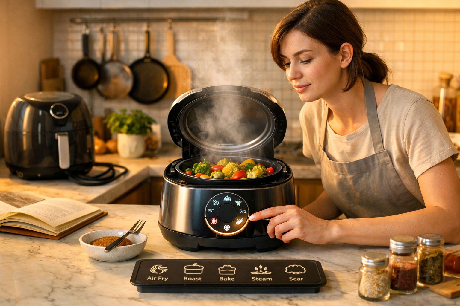 Mulher cozinha legumes a vapor numa panela elétrica moderna numa cozinha doméstica bem iluminada.