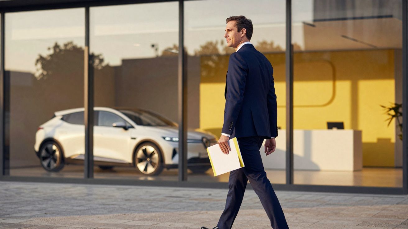 Homem de fato azul a caminhar junto a um edifício com janelas de vidro, com um carro branco visível ao fundo.