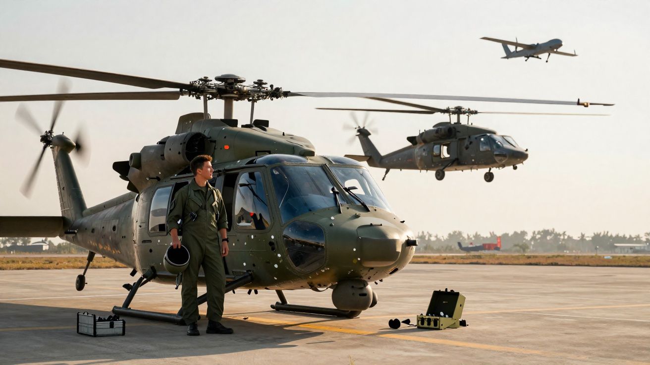 Helicópteros militares em pista com piloto em farda verde junto a equipamento no chão ao pôr do sol.