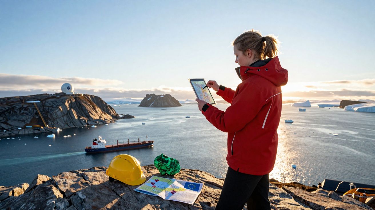 Mulher com casaco vermelho consulta mapa digital na costa rochosa com navio e icebergues ao fundo durante pôr do sol.