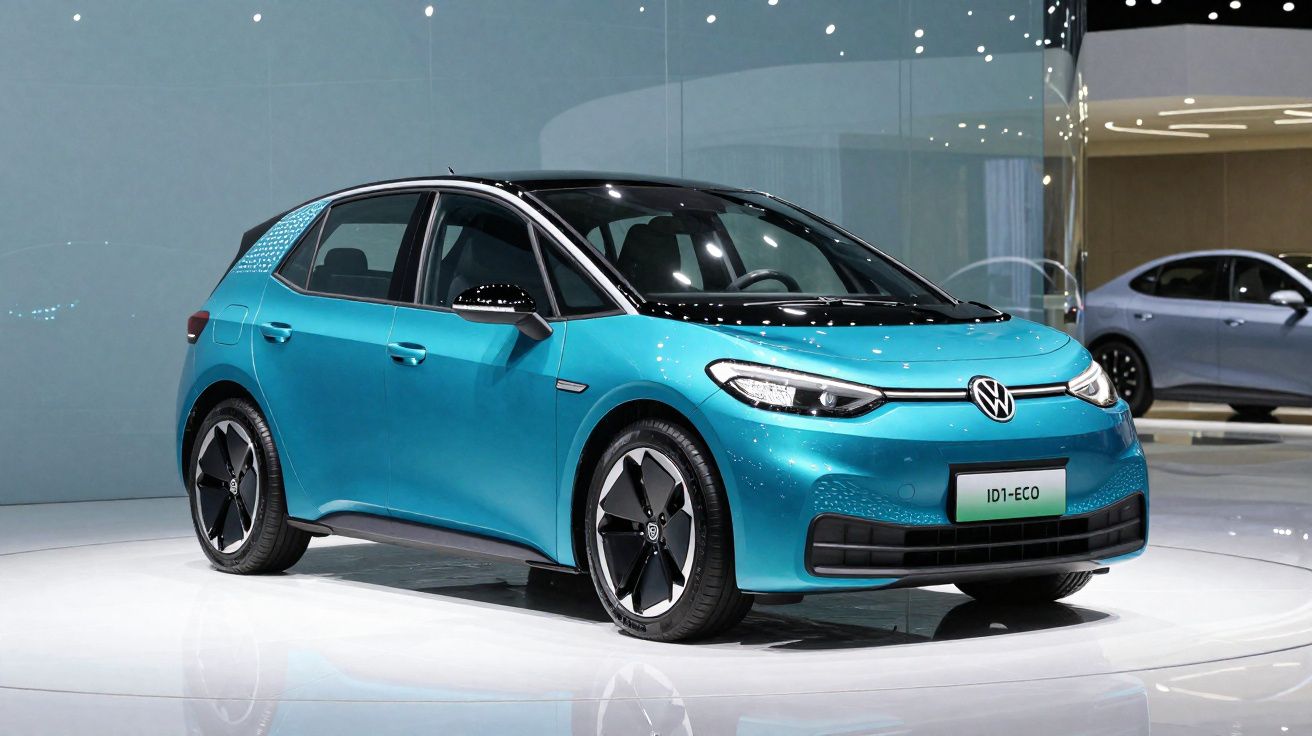 Carro elétrico Volkswagen ID.1-ECO azul exibido em stand de feira automóvel moderna.