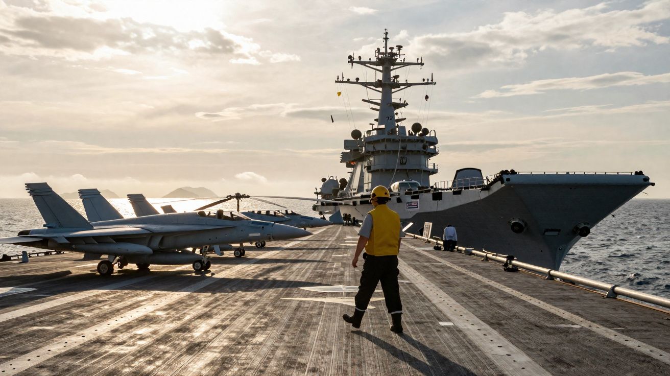 Porta-aviões no mar com aviões de combate estacionados e um militar de colete amarelo a caminhar no convés.