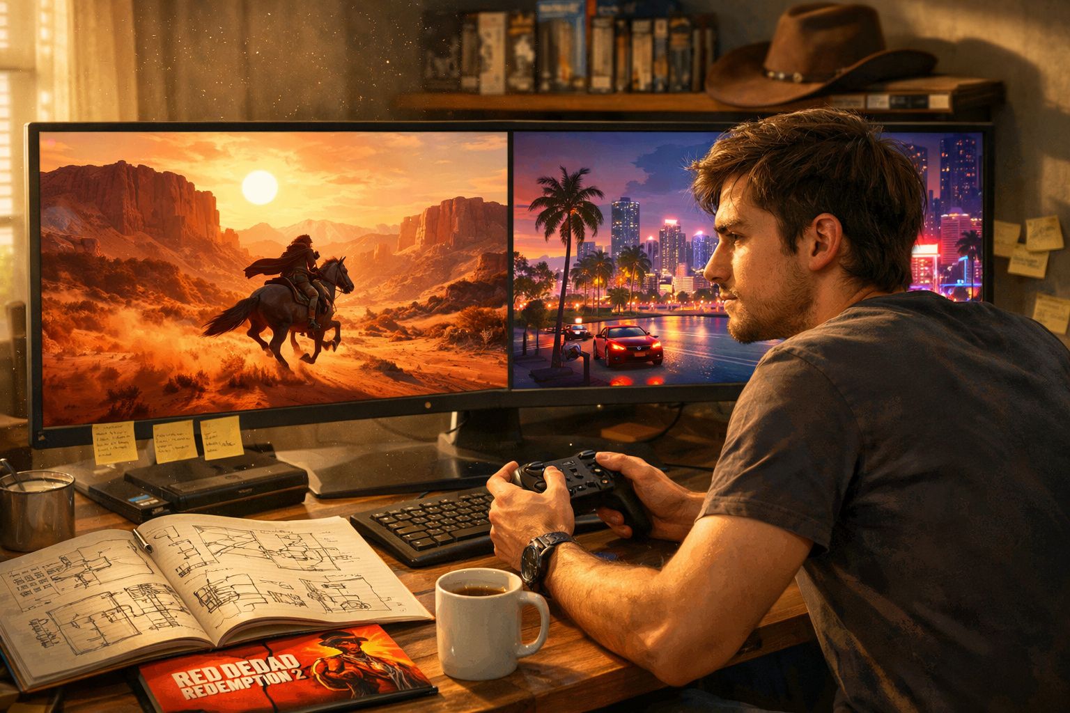 Homem a jogar videojogos em ecrãs duplos, com gráficos de cavaleiro e cidade iluminada, mesa com café e planos.