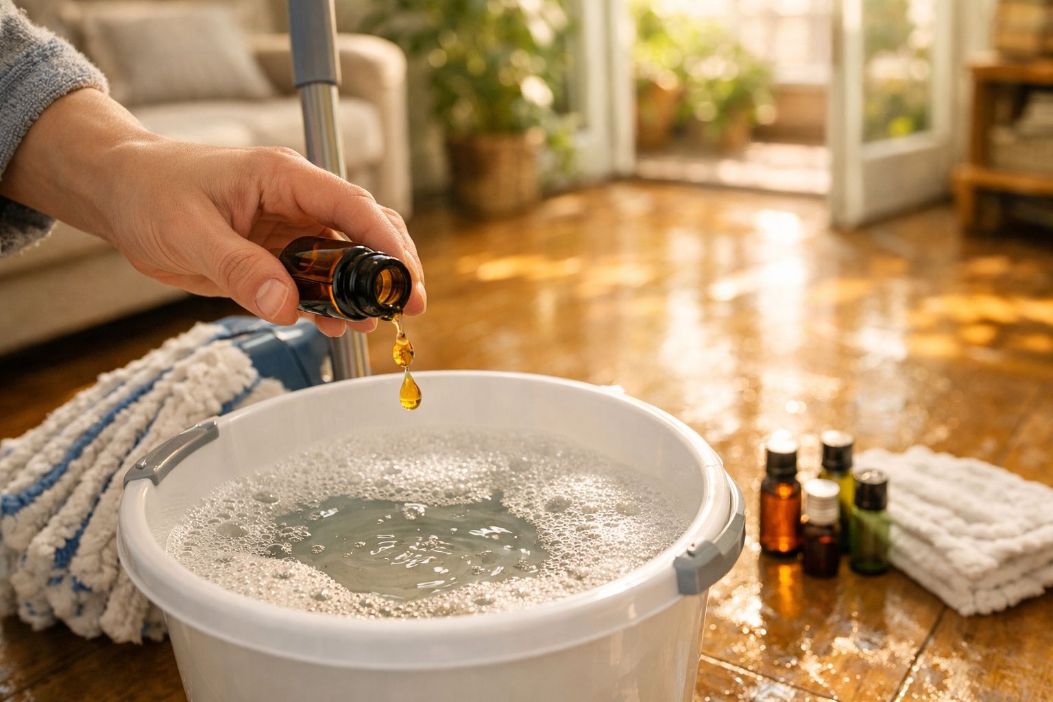 Mão a derramar gotas de óleo essencial numa bacia com água e espuma para limpeza do chão de madeira.