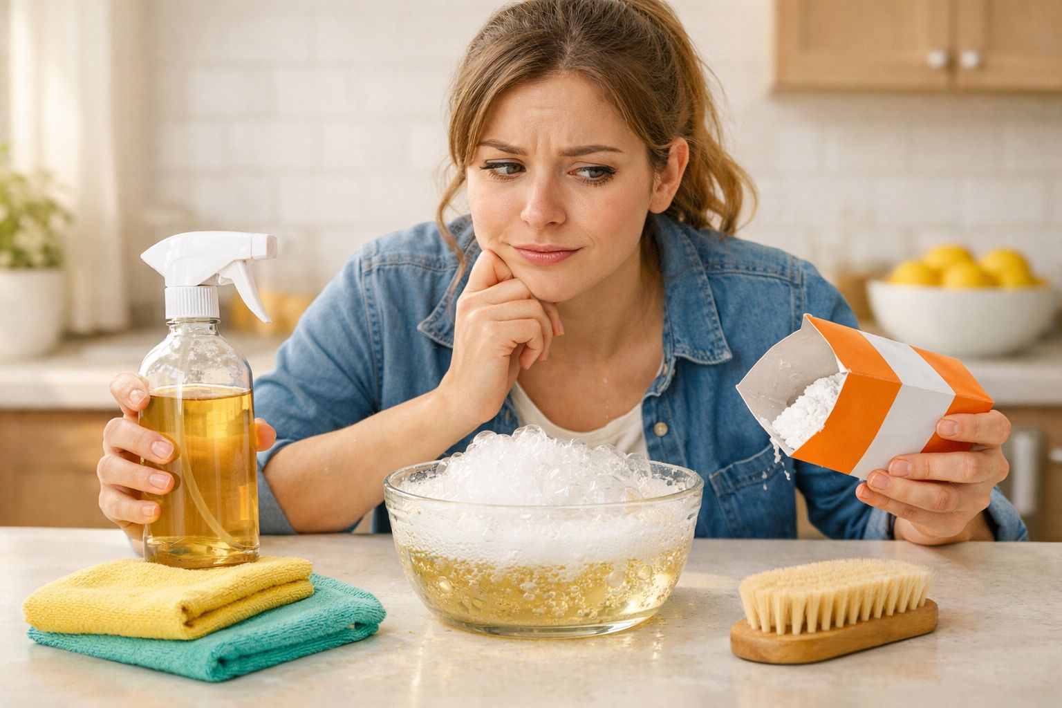 Mulher pensativa prepara mistura de produtos de limpeza numa cozinha luminosa.
