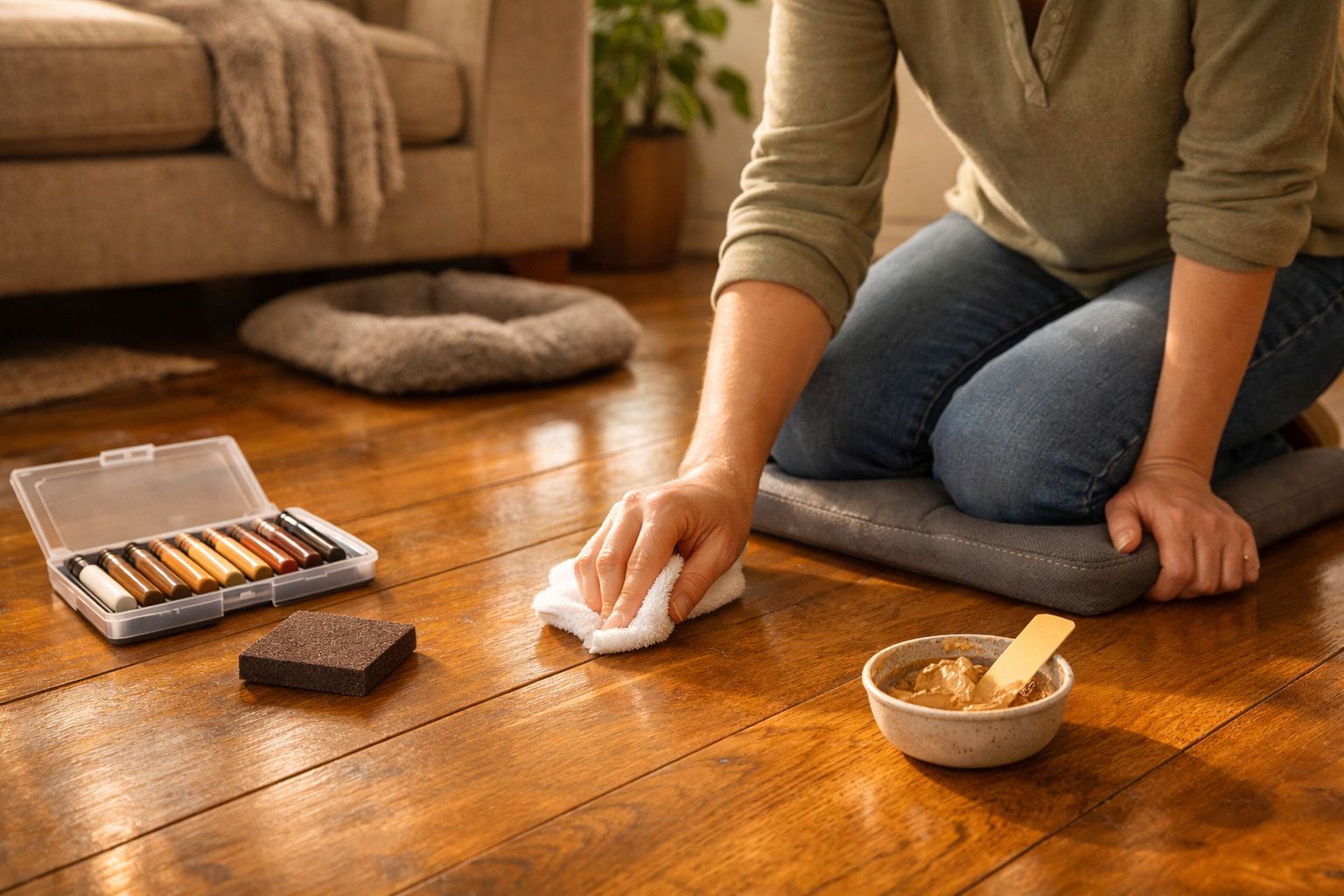 Pessoa a reparar ou limpar riscos no chão de madeira com um pano e marcadores de retoque.