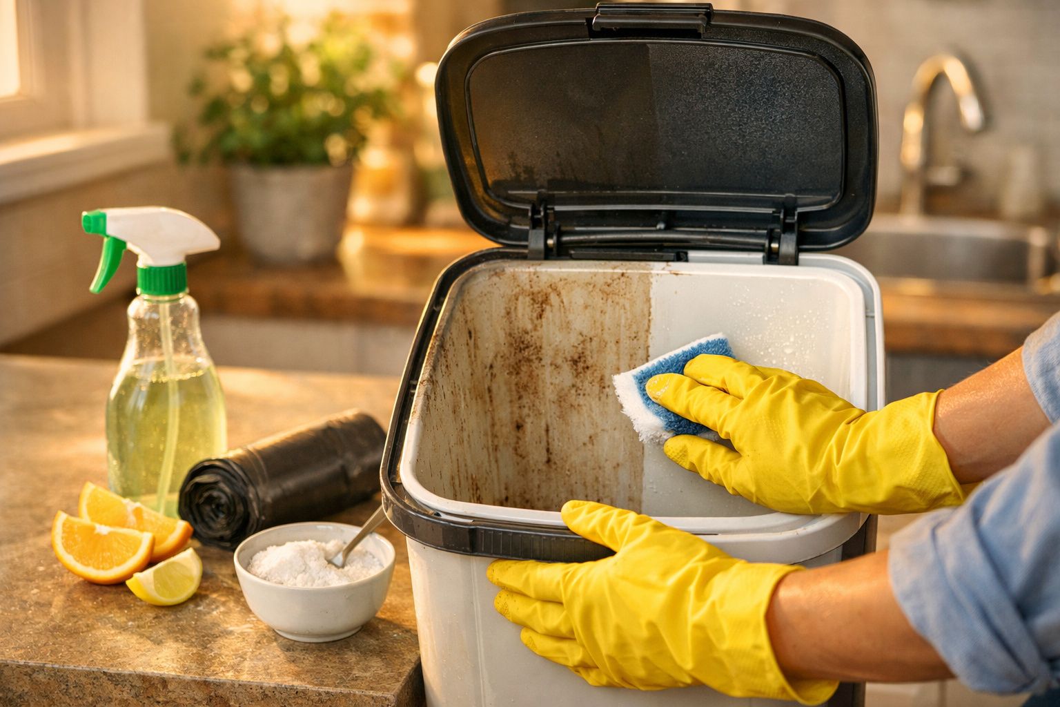 Pessoas a limpar um balde sujo com esponja, luvas amarelas e produtos de limpeza numa cozinha.