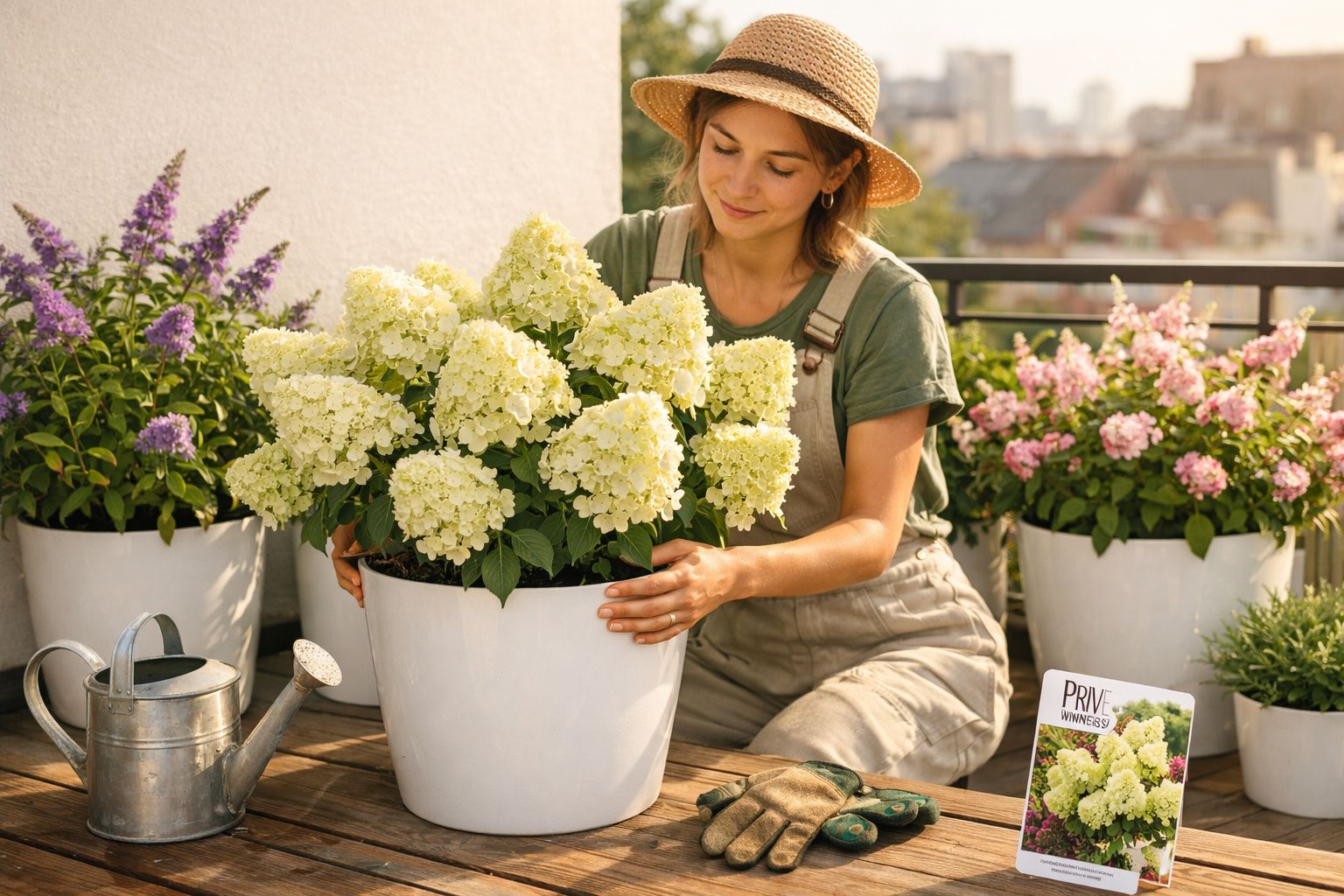 Mulher jovem com chapéu a cuidar de plantas com flores brancas num terraço ensolarado.