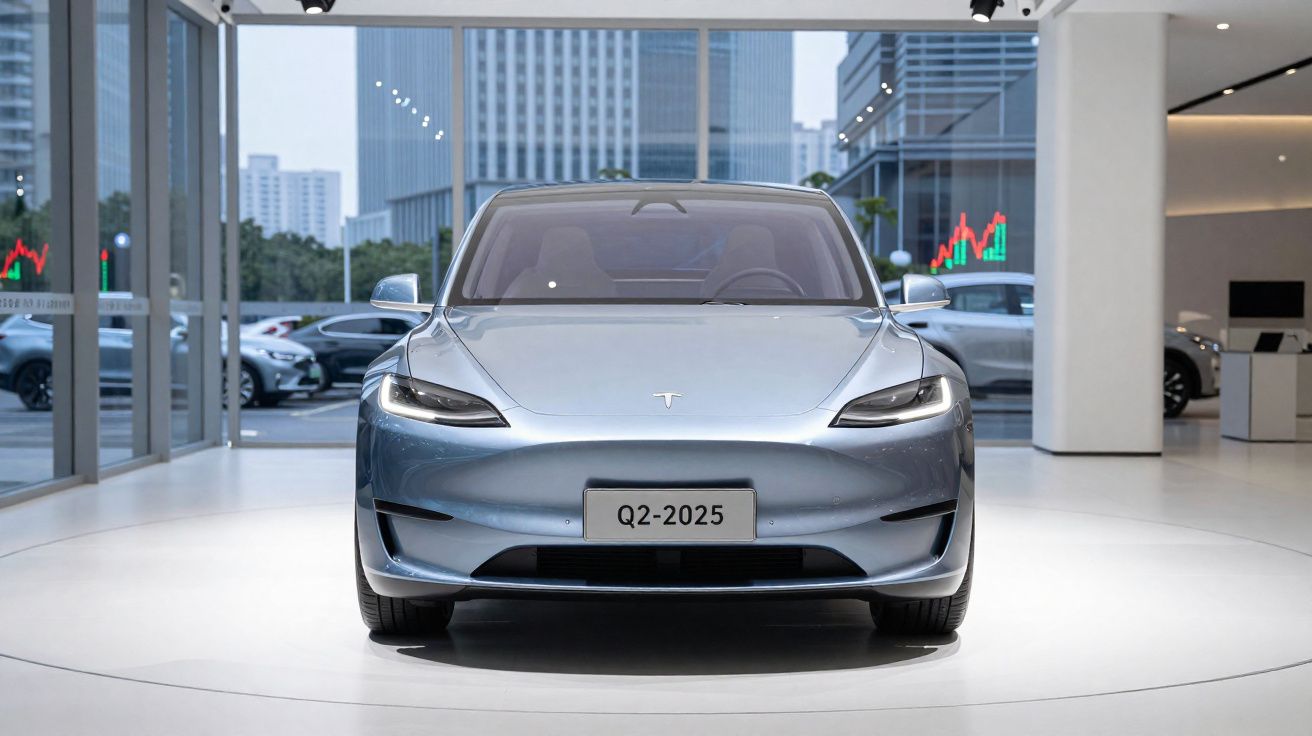 Carro elétrico Tesla cinzento prateado numa exposição moderna com edifícios ao fundo.