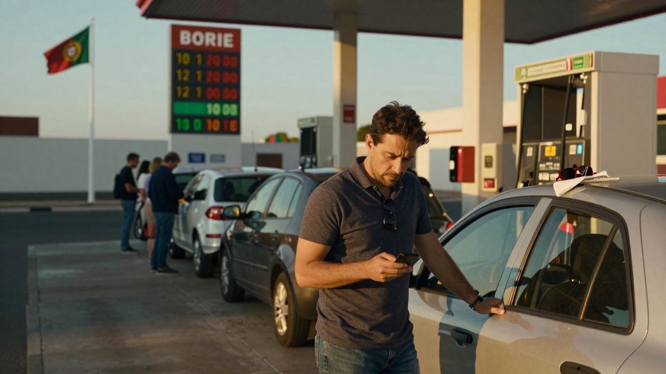 Homem verifica telemóvel ao lado de carro numa fila para abastecer numa estação de serviço com preços visíveis.