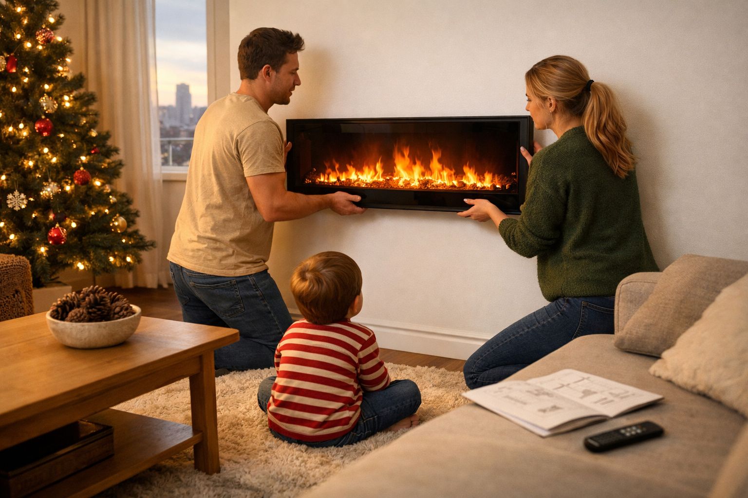 Família monta lareira elétrica numa sala decorada com árvore de Natal iluminada ao amanhecer.
