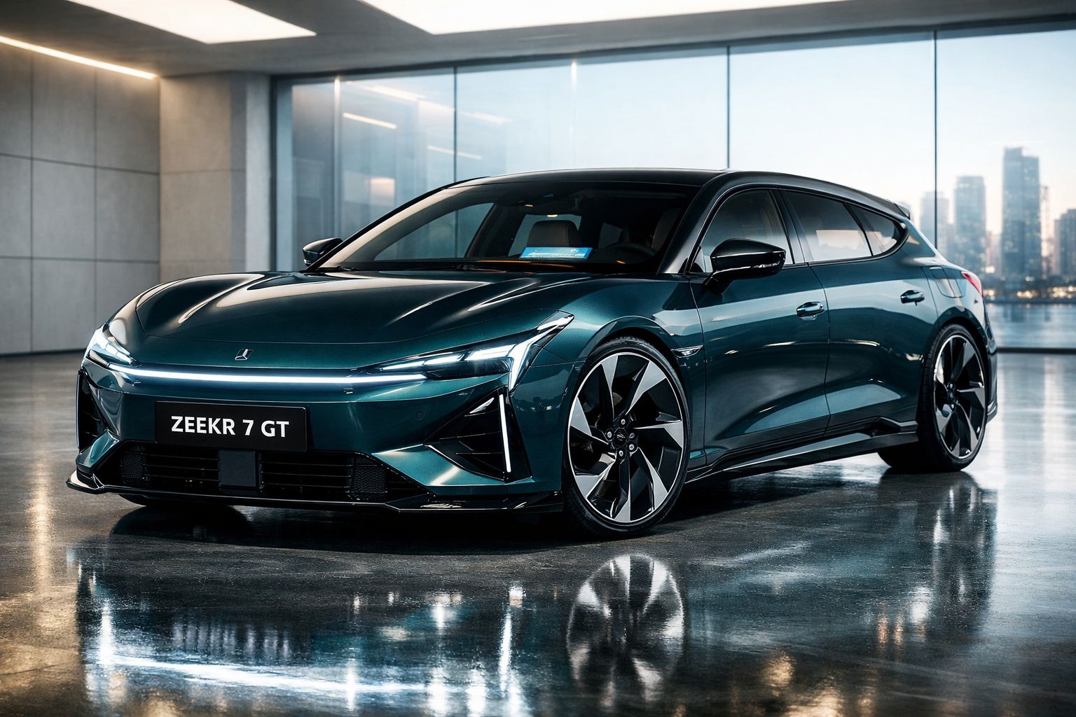 Carro elétrico Zeekr 7 GT azul escuro estacionado em piso interior refletor com cidade ao fundo.