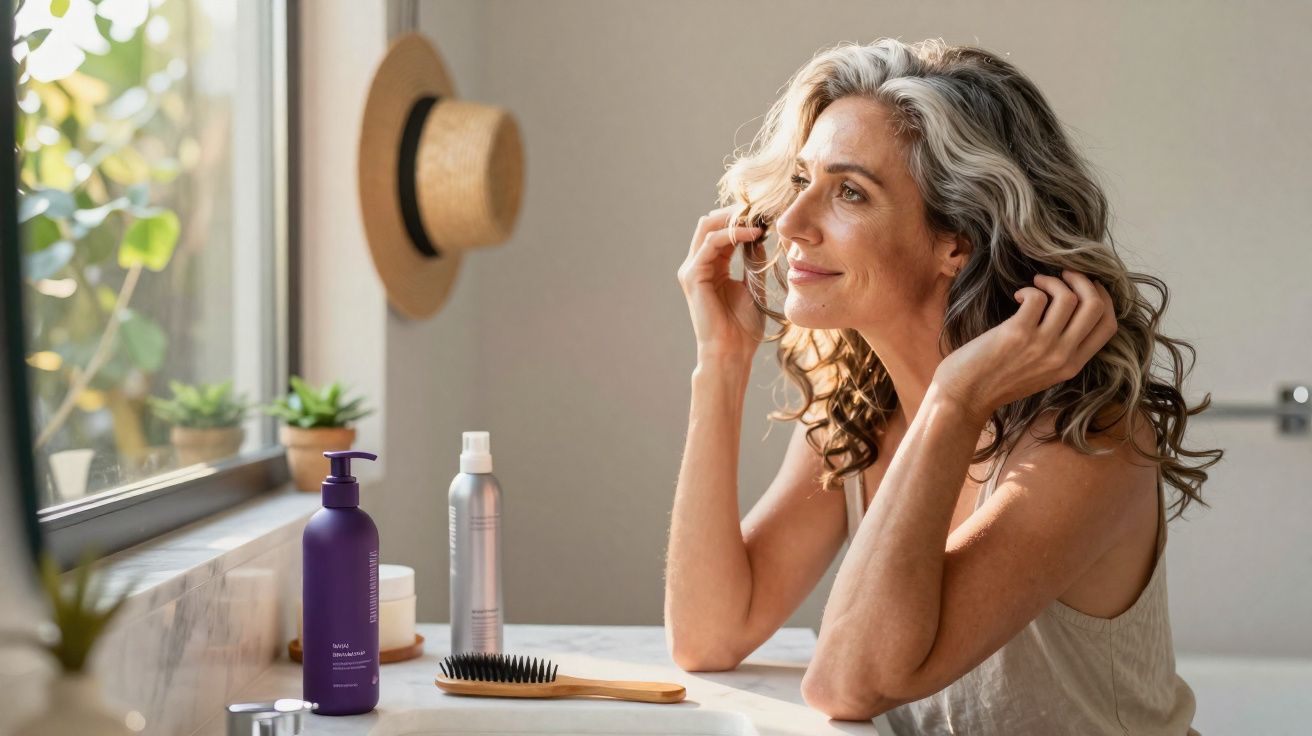 Mulher com cabelo grisalho a olhar pela janela, sentada numa mesa com produtos de cuidados pessoais.