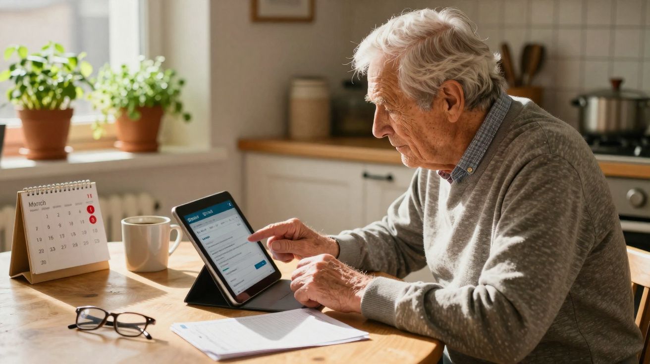 Idoso sentado à mesa da cozinha a usar tablet com calendário e óculos ao lado.
