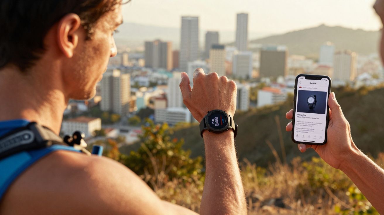 Homem ao ar livre a usar relógio inteligente e a consultar o telemóvel com cidade ao fundo.
