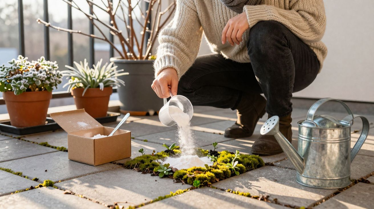Pessoa a aplicar fertilizante em plantas que crescem entre pedras num terraço ensolarado.