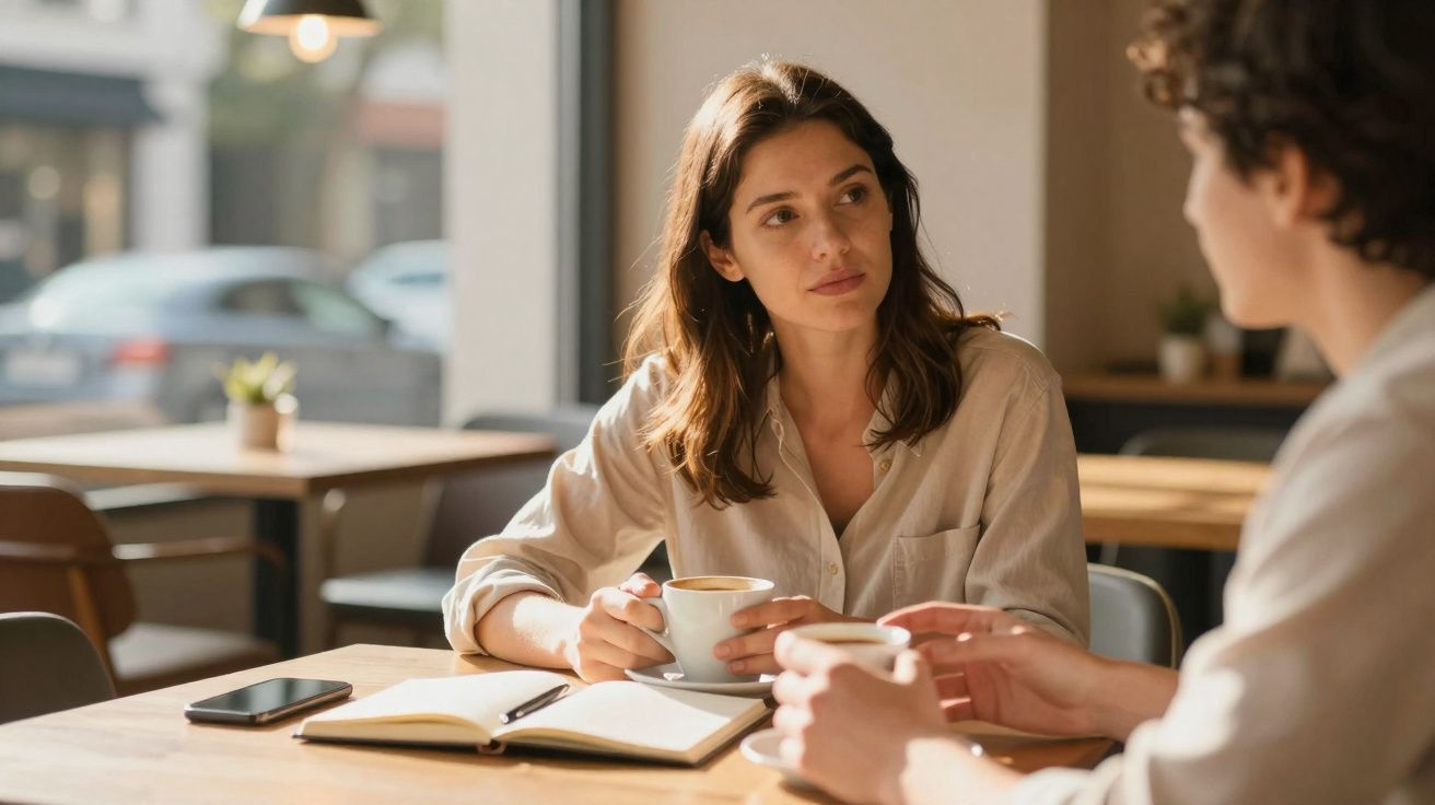 Duas mulheres sentadas num café, uma segura uma chávena de café e um caderno aberto está na mesa.