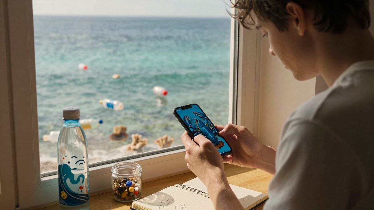 Rapaz olha para o telemóvel junto a janela com vista para o mar e plástico flutuante na água.