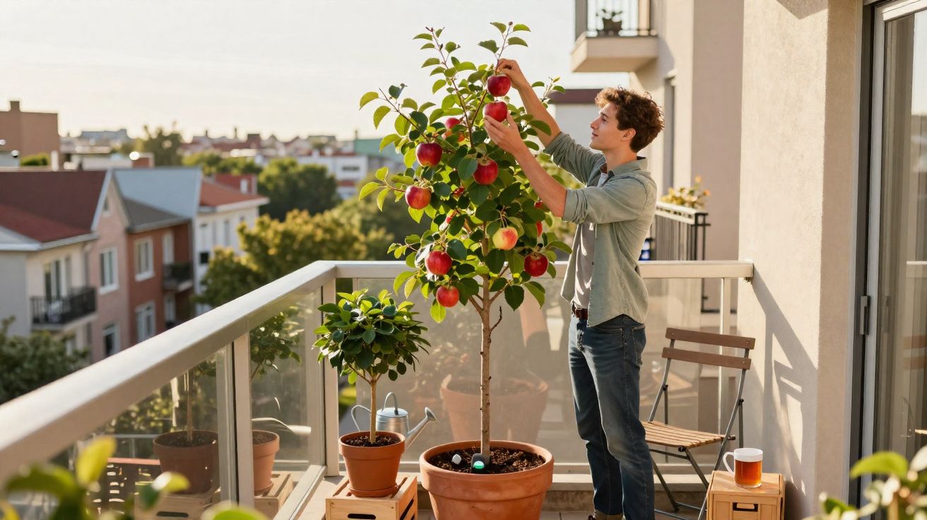 Homem apanha maçãs de uma árvore em vasos num terraço com vista urbana ao pôr do sol.
