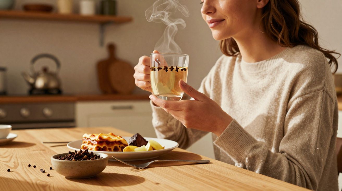 Mulher a saborear chá quente numa cozinha luminosa com prato de sobremesa à frente numa mesa de madeira.