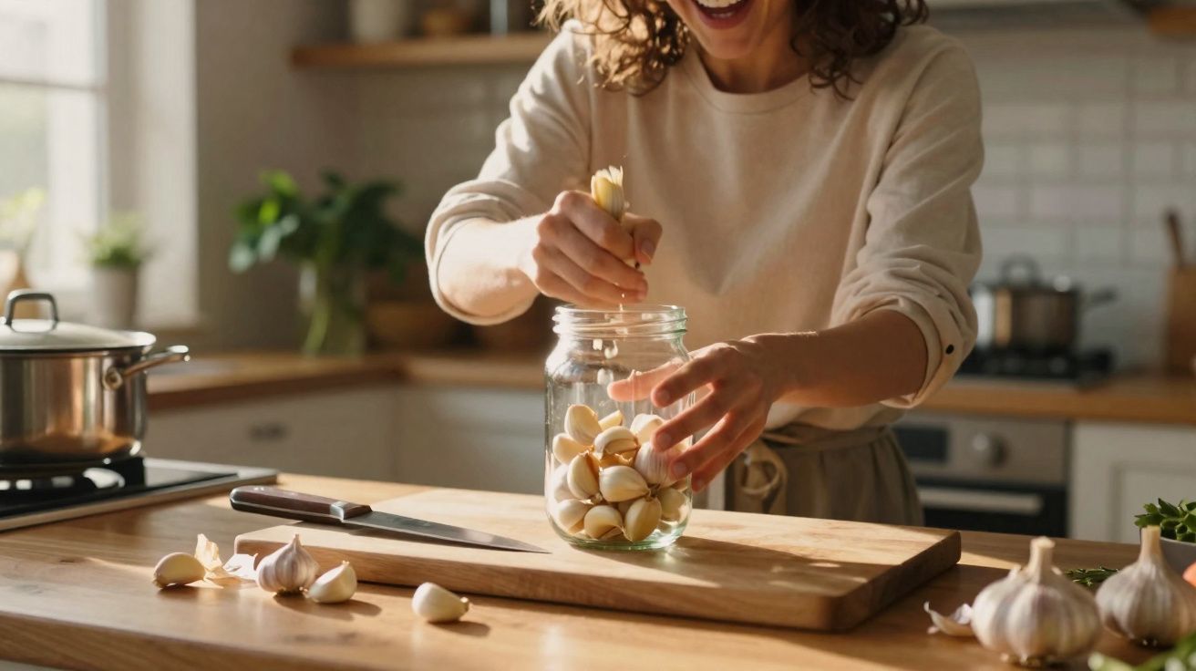 Pessoa a guardar dentes de alho num frasco numa cozinha bem iluminada com tábua de cortar e faca.