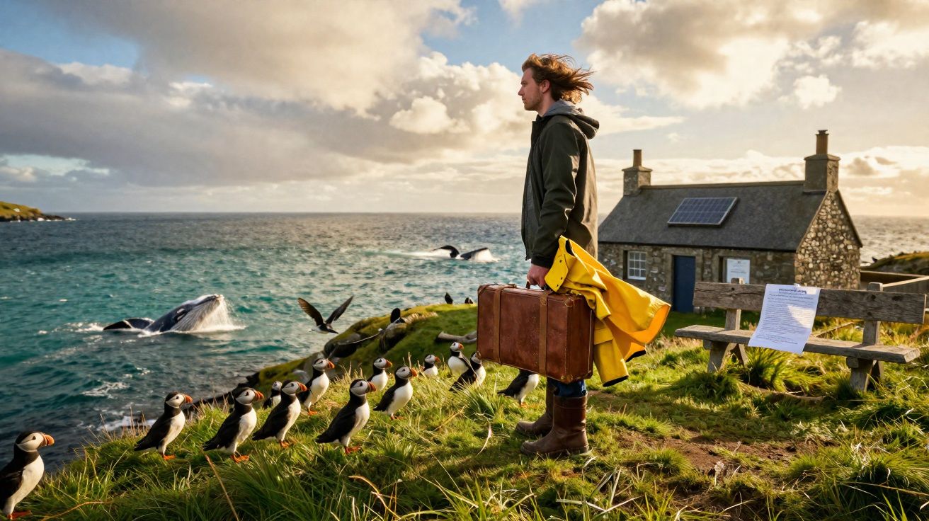 Homem com mala e casaco amarelo observa pássaros papagaios-do-mar e baleias junto a casa de pedra à beira-mar.