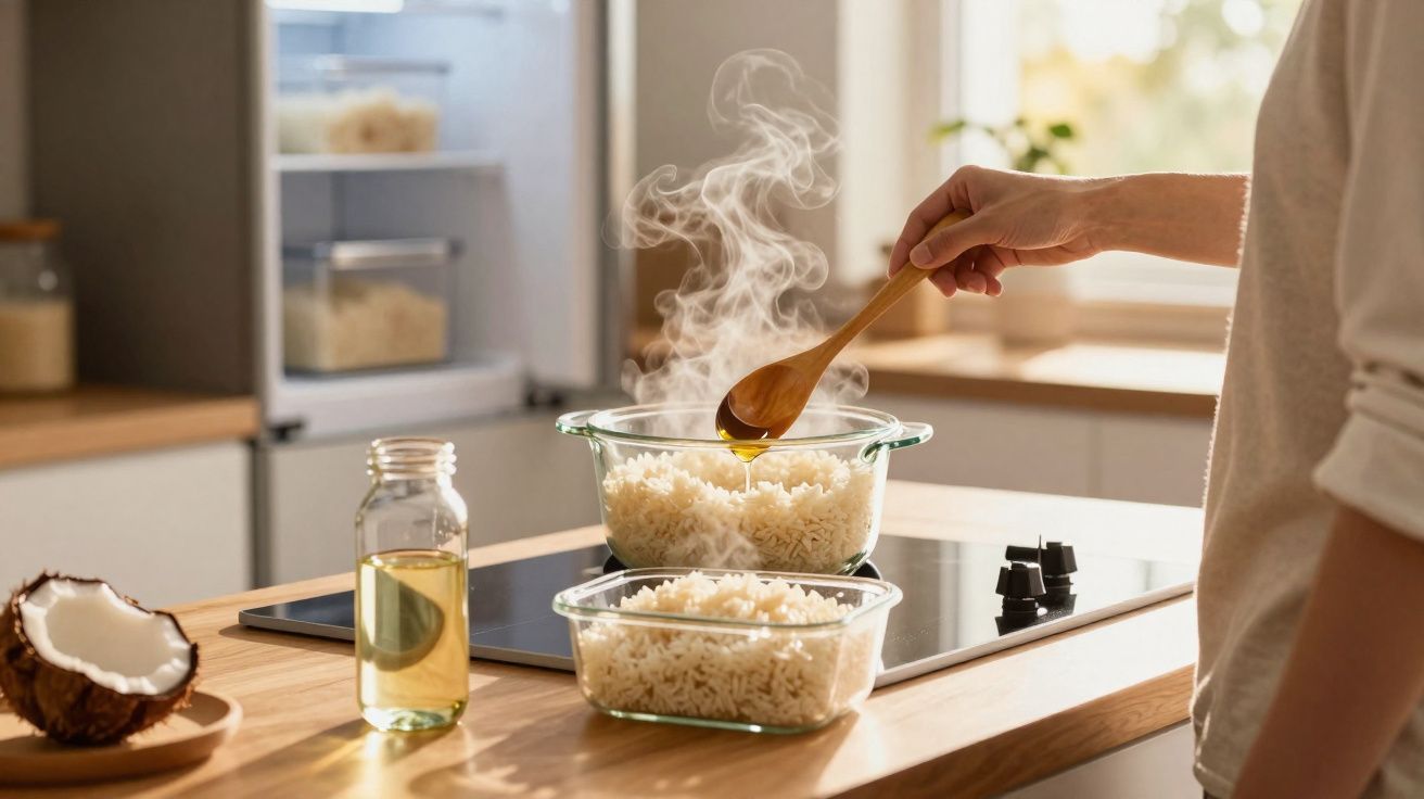 Pessoa a temperar arroz quente numa cozinha moderna com colher de pau e frascos de óleo e coco ao lado.
