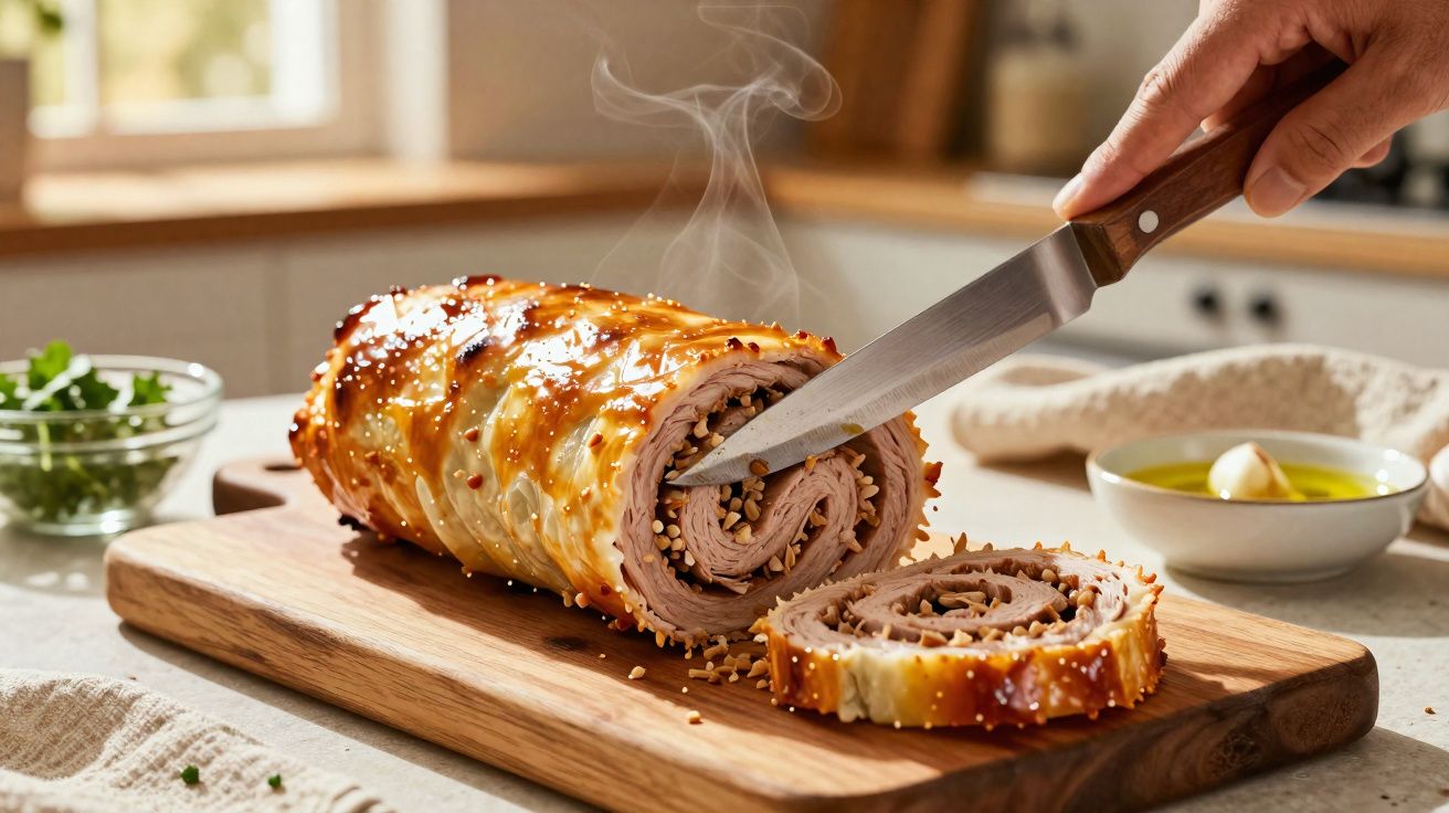 Rolo de carne assada fumegante com sementes, cortado em fatias, numa tábua de madeira na cozinha.
