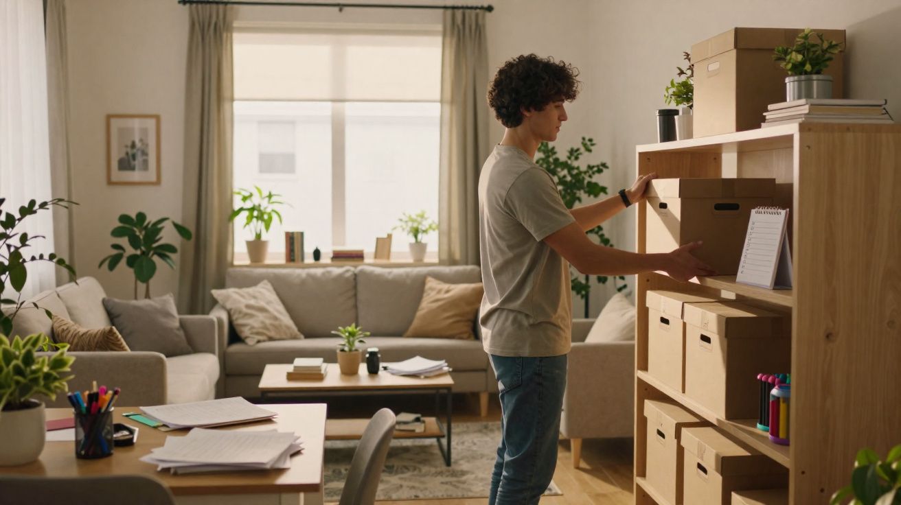 Jovem a organizar caixas numa estante num espaço luminoso com plantas e mobiliário confortável.