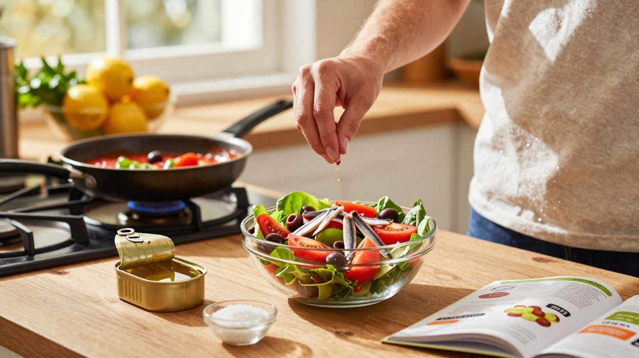 Pessoa a temperar salada fresca com tomate, alface e azeitonas numa cozinha luminosa.