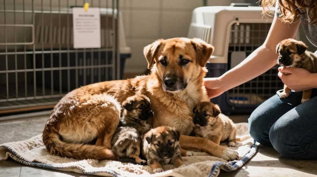 Cão adulto deitado com quatro cachorros ao redor e uma pessoa a segurar mais um cachorro ao colo.