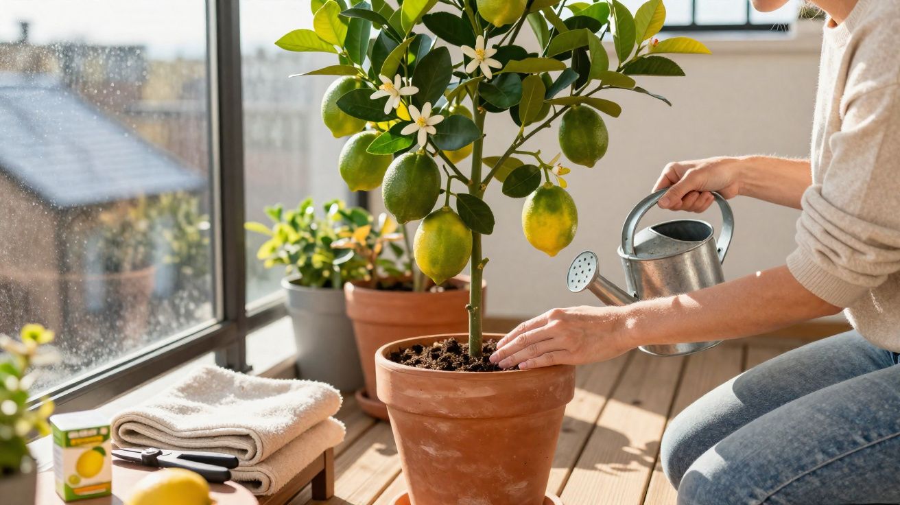 Pessoa a regar uma planta de limoeiro em vaso num espaço interior com luz natural.