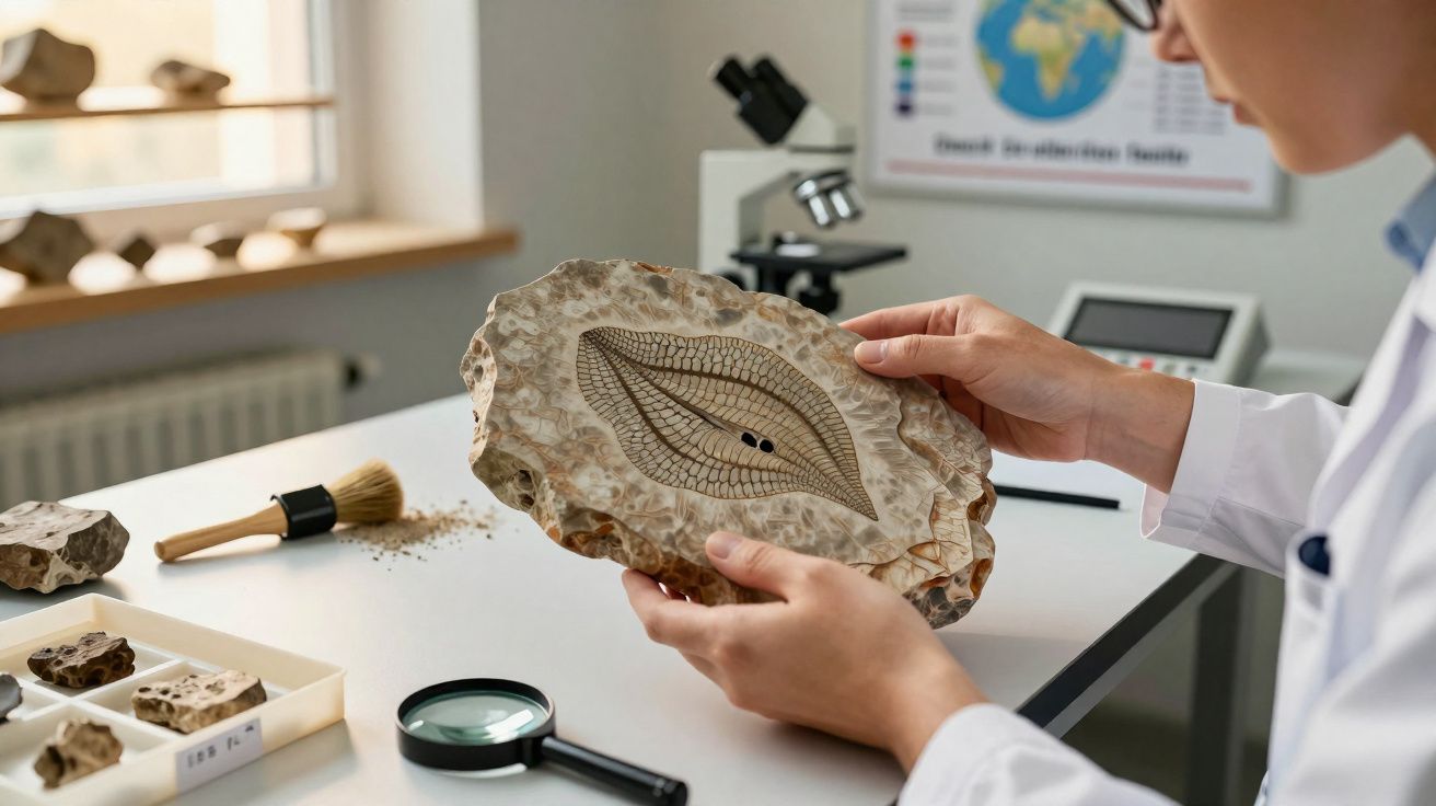 Pessoa em laboratório a examinar fóssil de planta numa pedra, com lupa e pincel sobre a mesa.